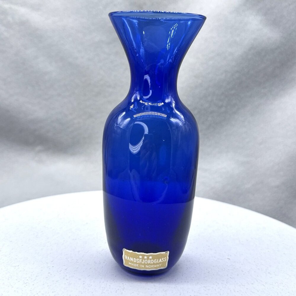 Randsfjord Glass Cobalt Blue Vase Mini 5.25" Made In Norway Original Sticker